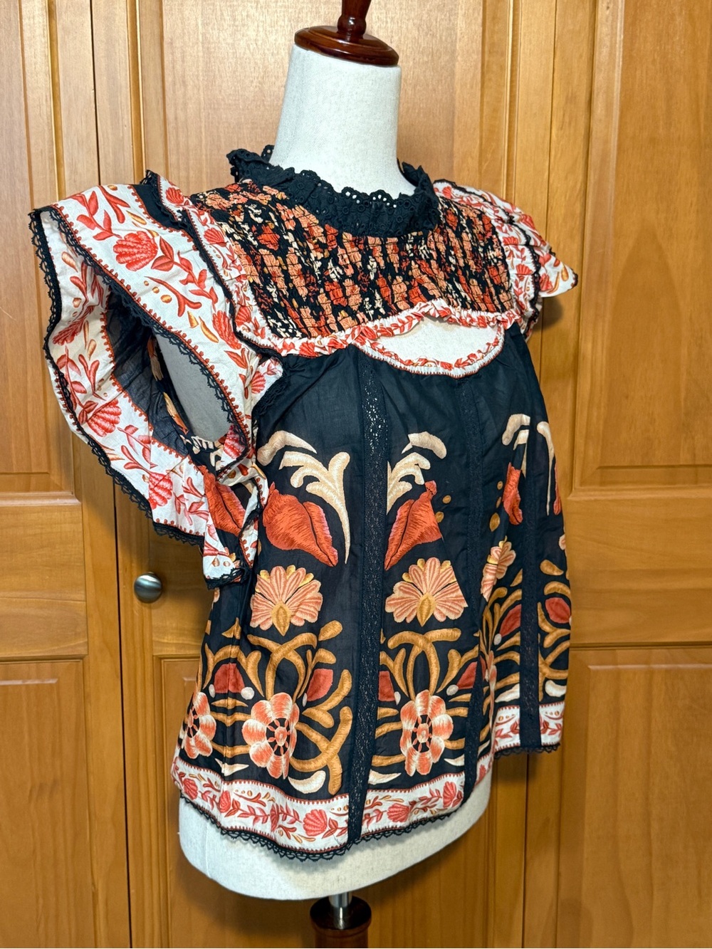 FARM Rio Black Floral Smocked Ruffle Sleeve Top with Orange Accents - Picture 8 of 16